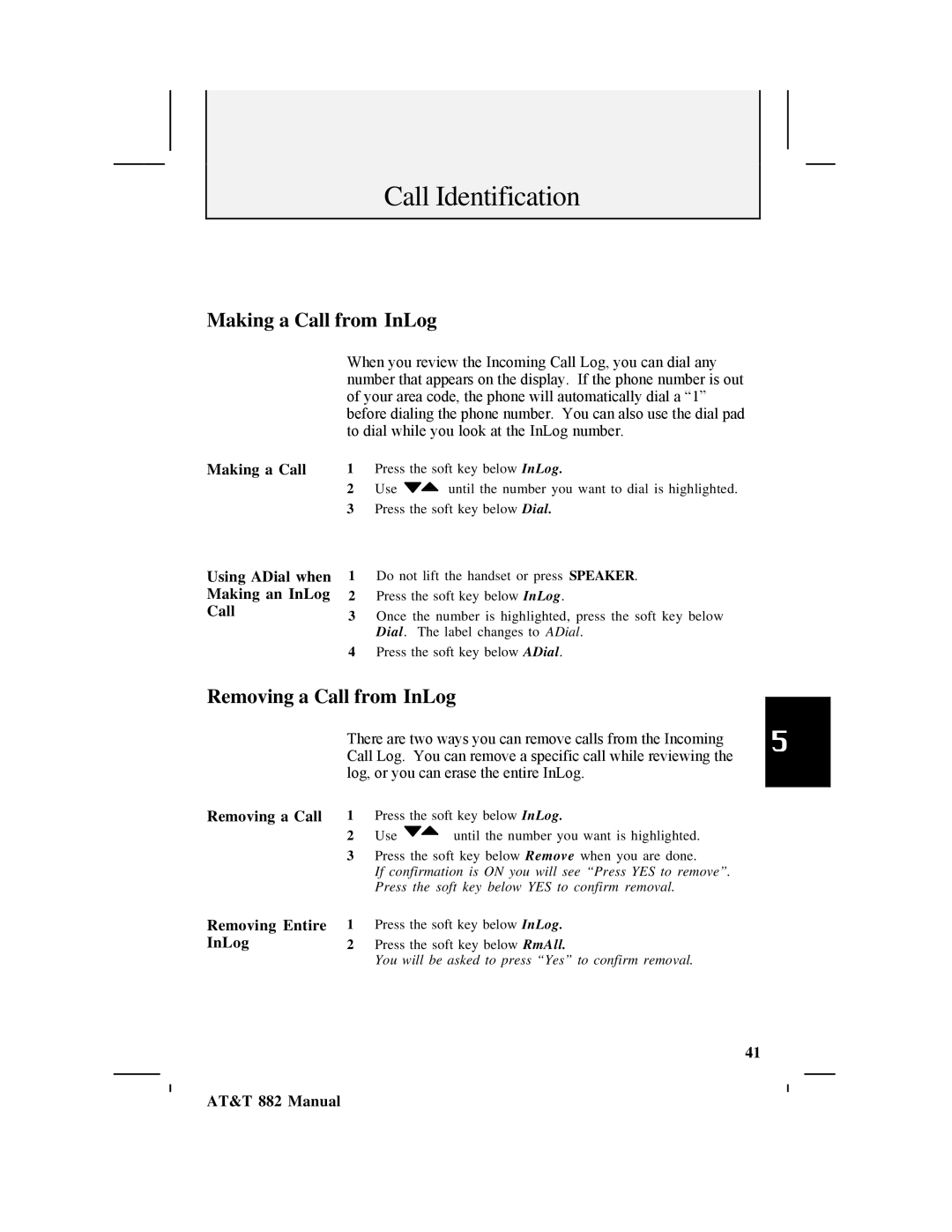 AT&T 882 Making a Call from InLog, Removing a Call from InLog, Using ADial when Making an InLog Call, Removing Entire 