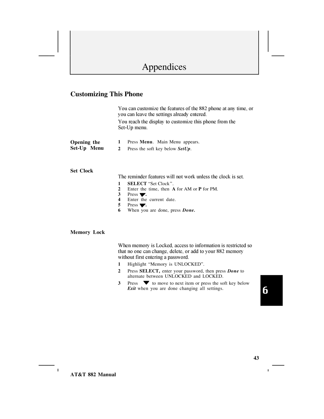 AT&T 882 user manual Customizing This Phone, Opening the Set-Up Menu Set Clock, Memory Lock 