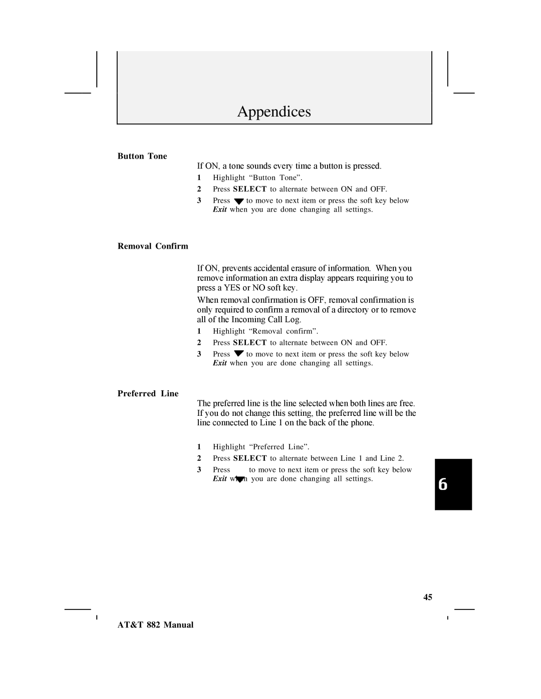 AT&T 882 user manual Button Tone, Removal Confirm, Preferred Line 