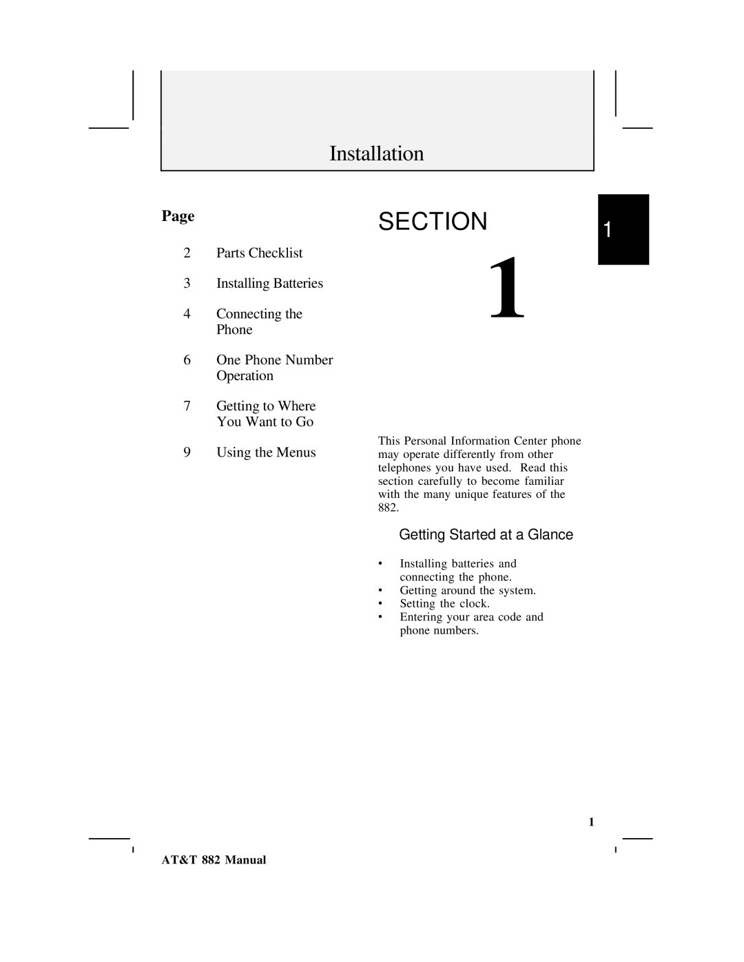 AT&T 882 user manual Section, Installation 