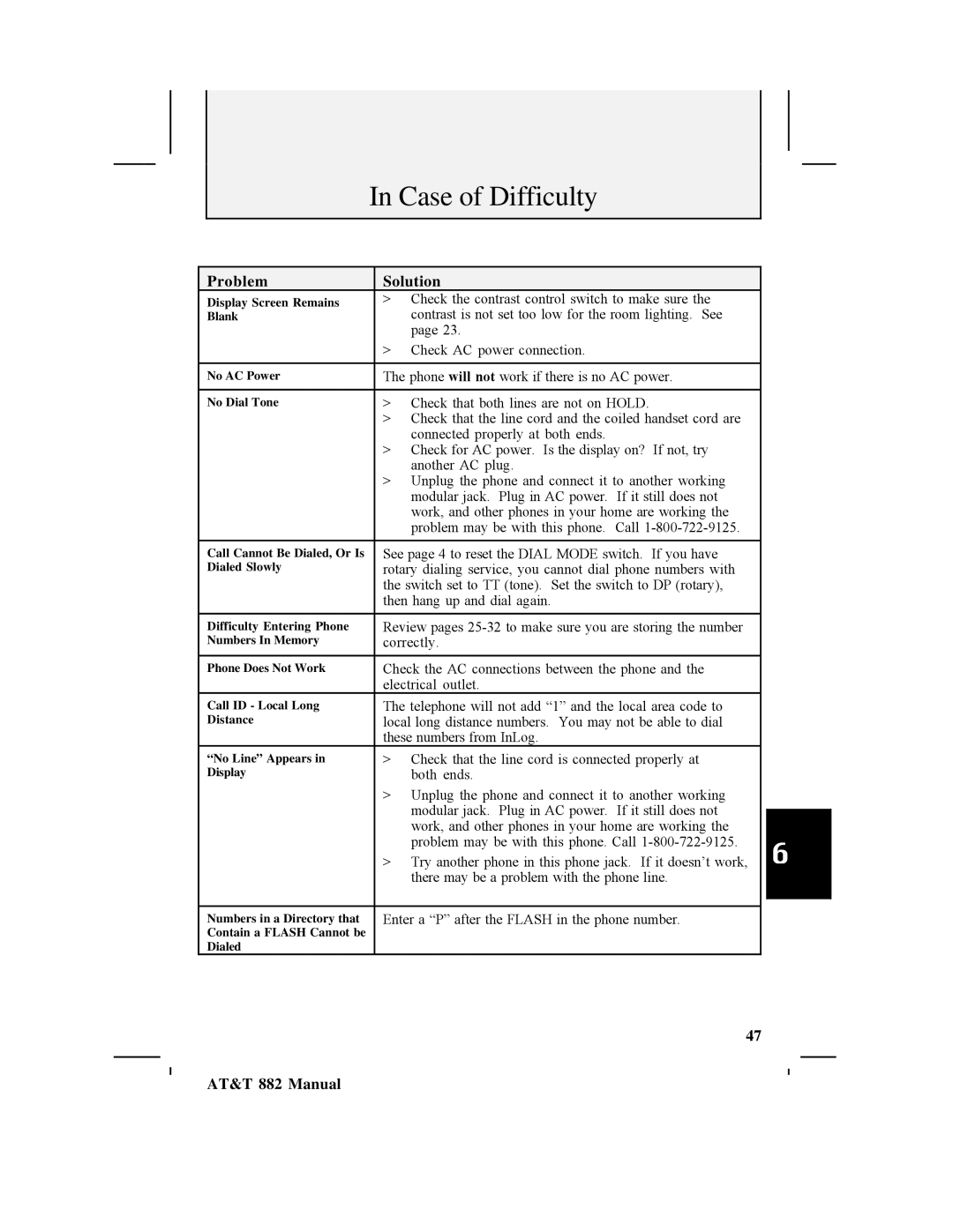 AT&T 882 user manual Case of Difficulty, Problem Solution 