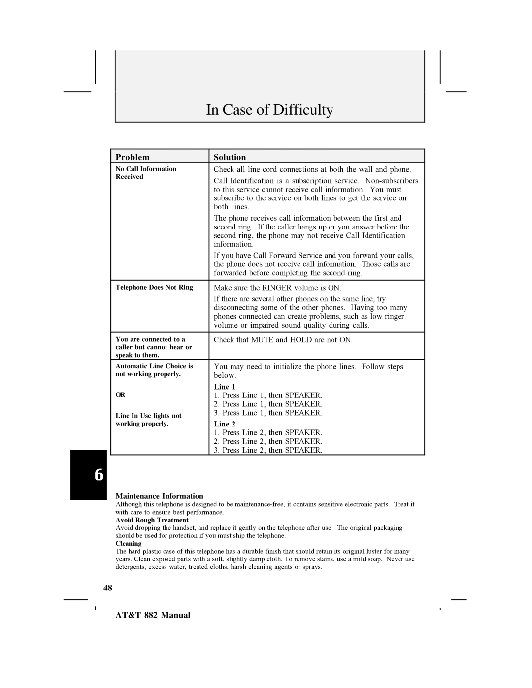 AT&T 882 user manual Line, Maintenance Information 