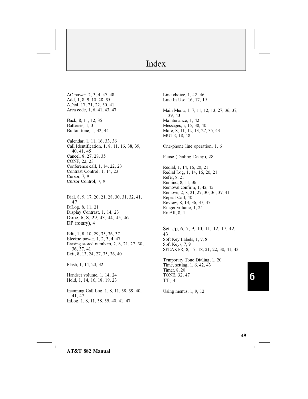 AT&T 882 user manual Index, Done, 6, 8, 29, 43, 44, 45, 46 DP rotary 