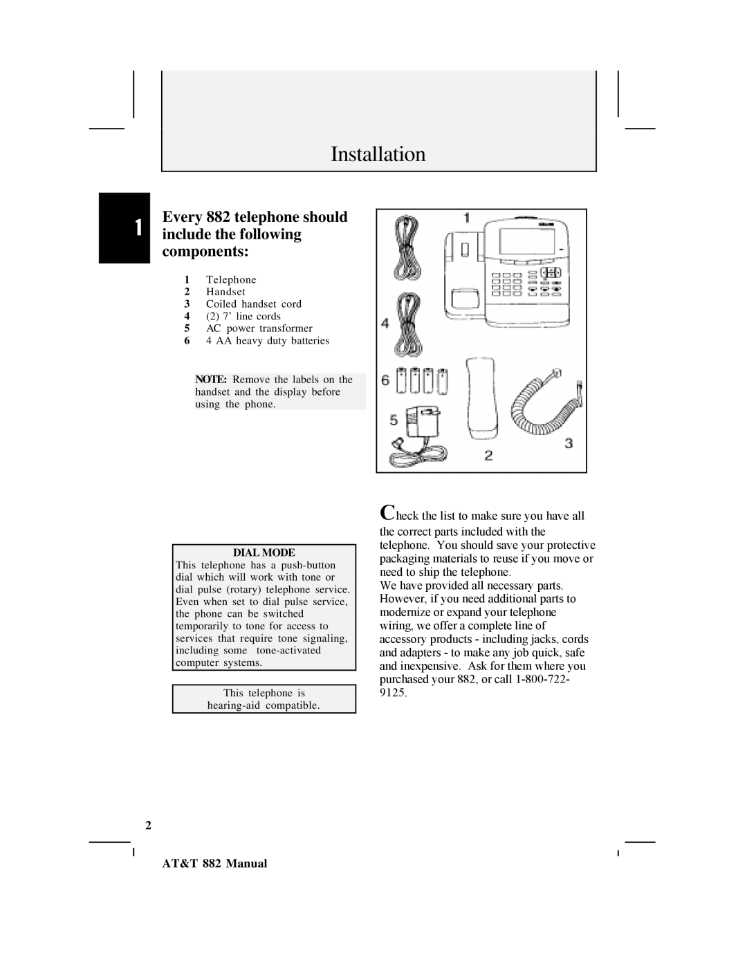 AT&T user manual Every 882 telephone should, Include the following, Components 