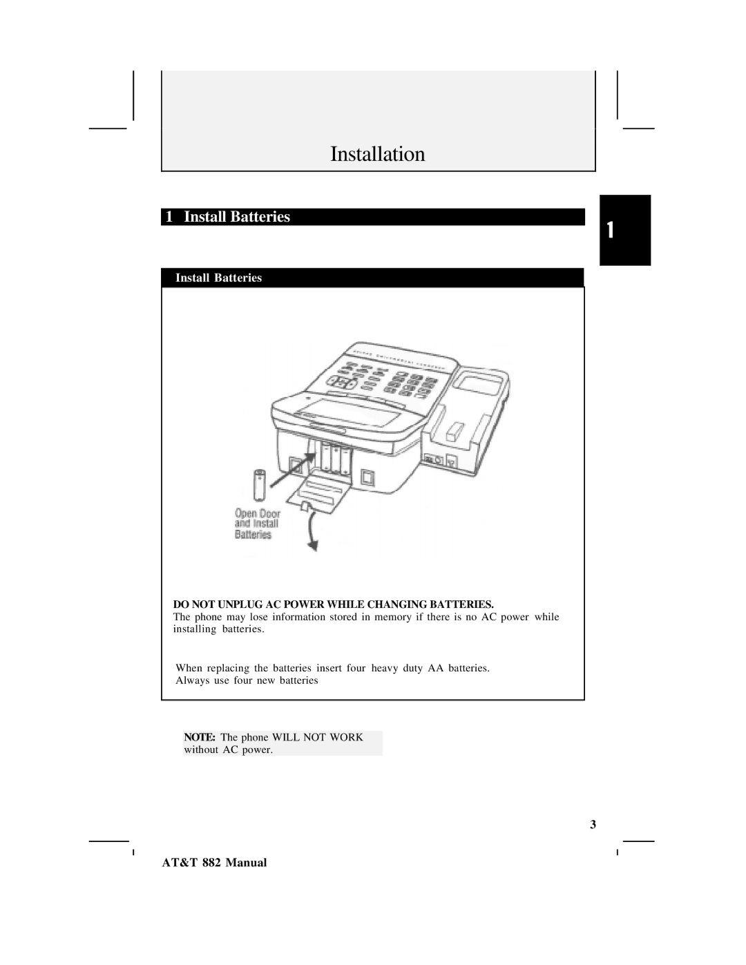 AT&T 882 user manual Install Batteries 