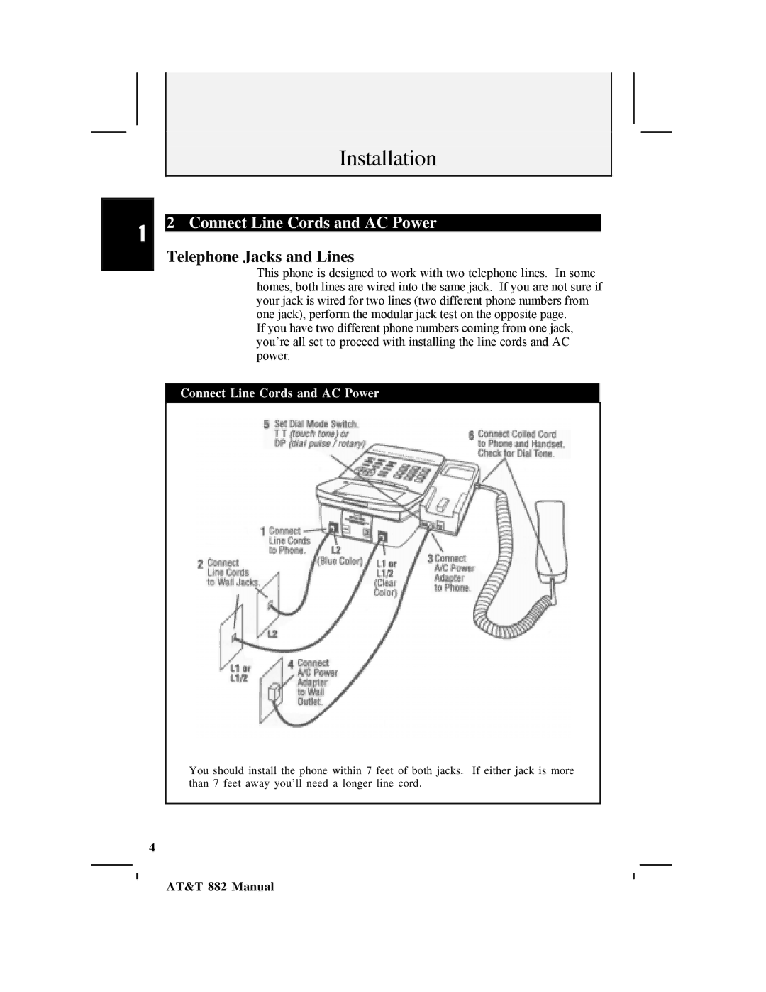 AT&T 882 user manual Connect Line Cords and AC Power, Telephone Jacks and Lines 