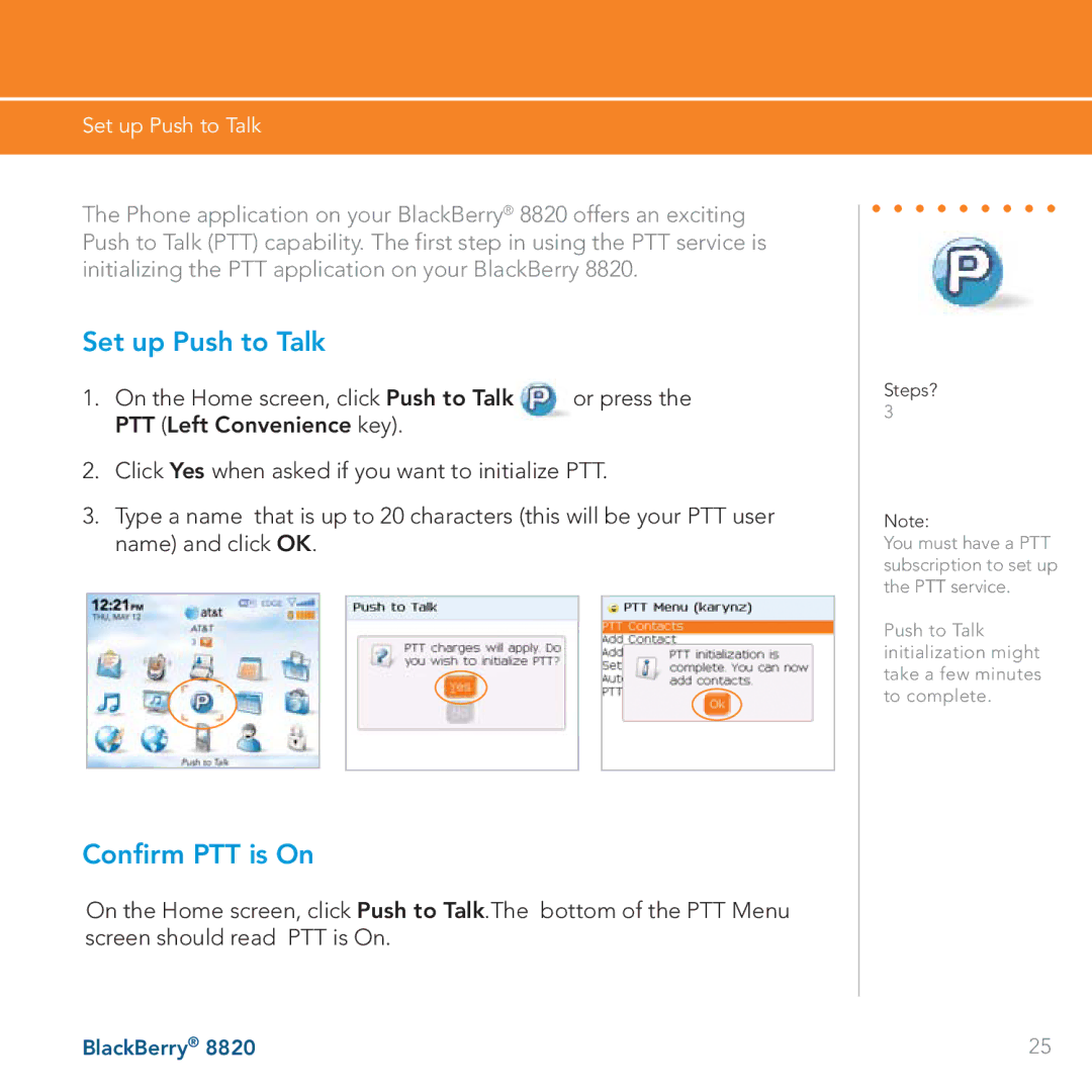 AT&T 8820 manual Set up Push to Talk, Confirm PTT is On 