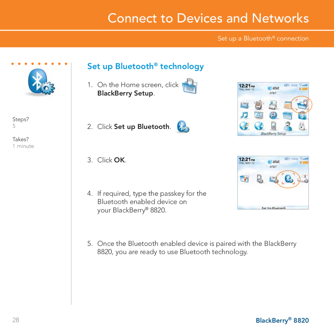 AT&T 8820 manual Connect to Devices and Networks, Set up Bluetooth technology 