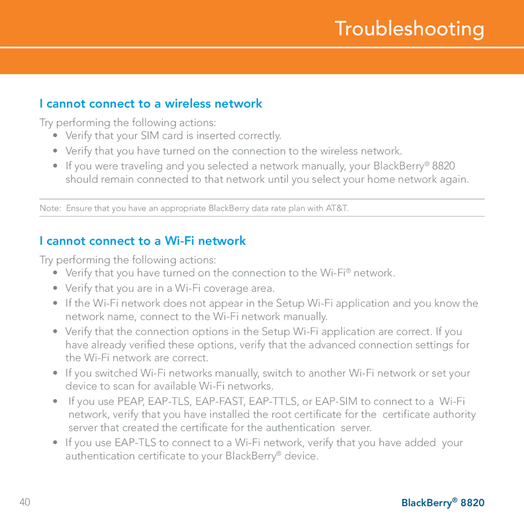 AT&T 8820 manual Troubleshooting, Cannot connect to a wireless network, Cannot connect to a Wi-Fi network 