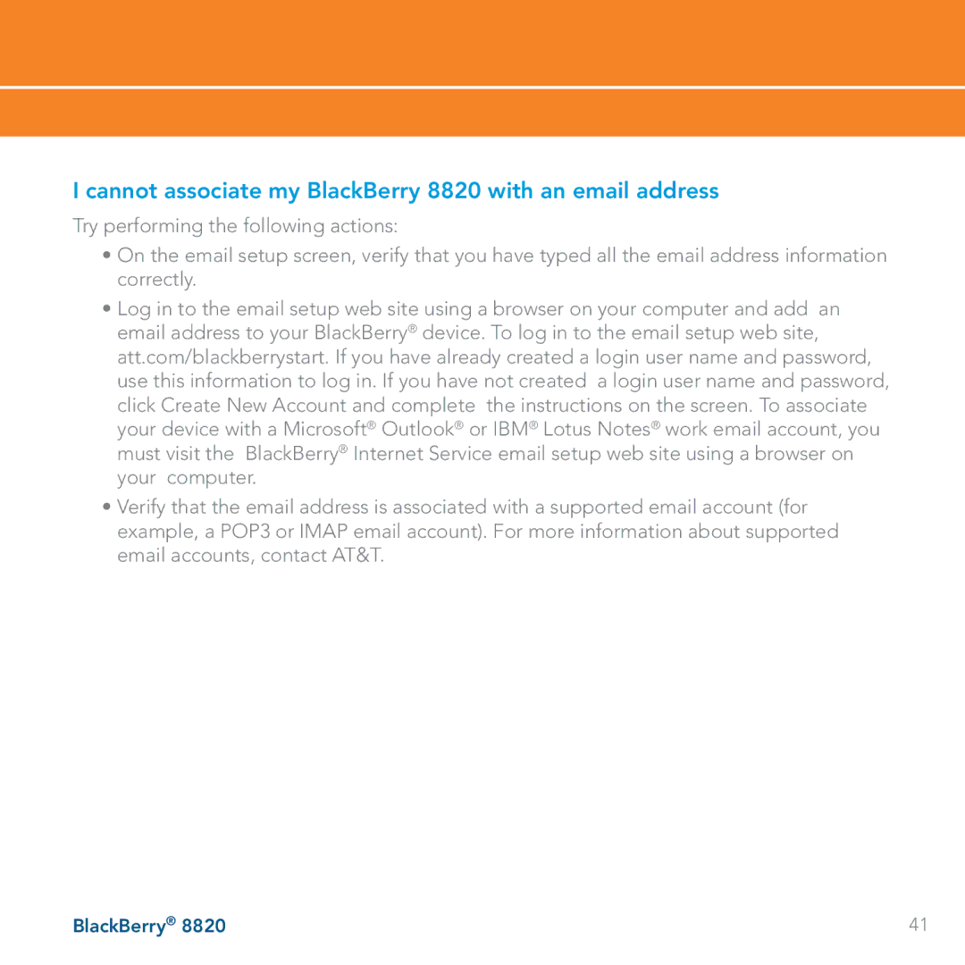 AT&T manual Cannot associate my BlackBerry 8820 with an email address 