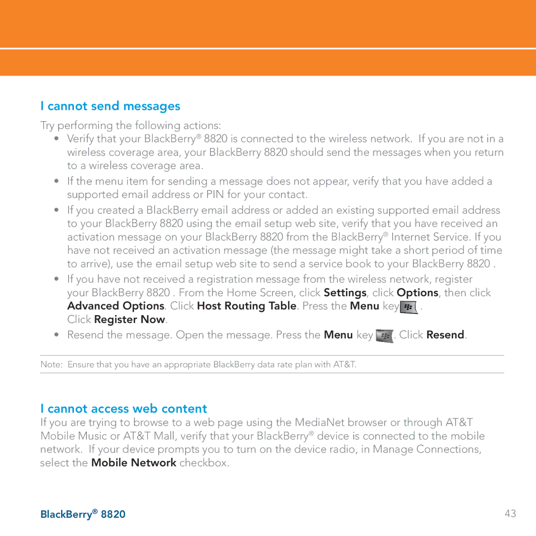 AT&T 8820 manual Cannot send messages, Cannot access web content 