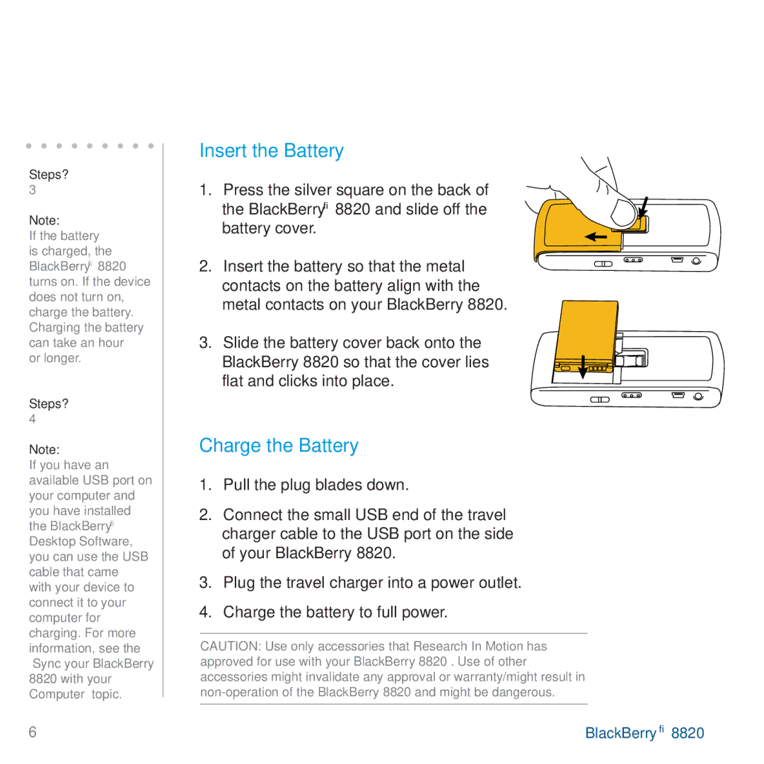 AT&T 8820 manual Set up Your BlackBerry, Insert the Battery, Charge the Battery 