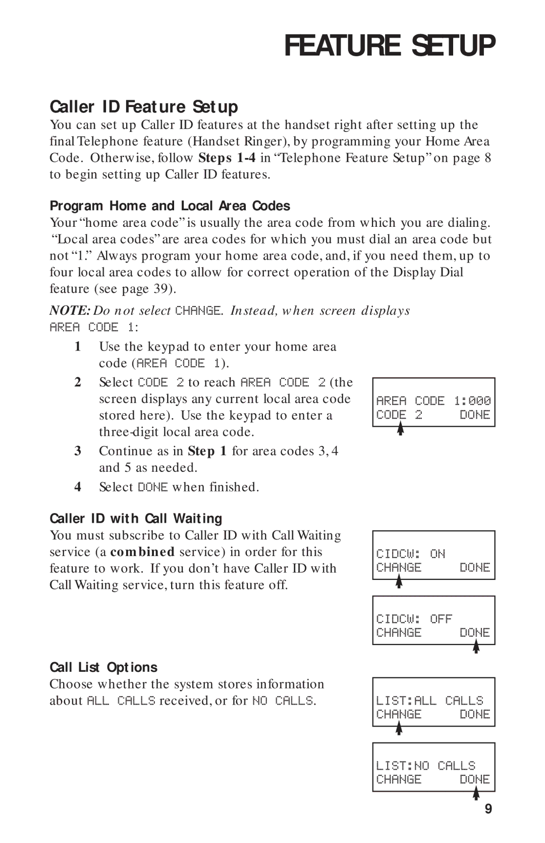 AT&T 900 MHz Caller ID Feature Setup, Program Home and Local Area Codes, Caller ID with Call Waiting, Call List Options 