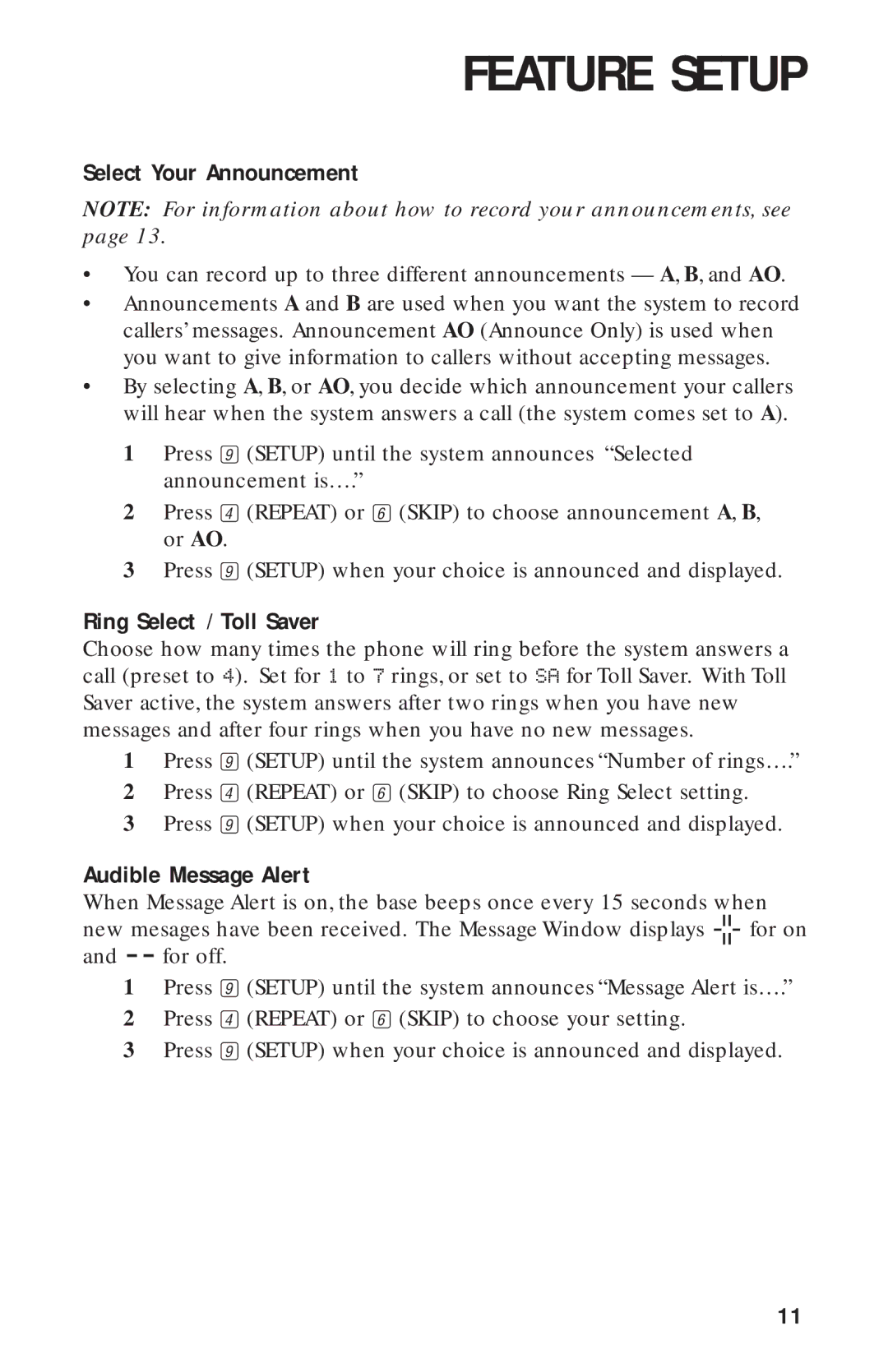 AT&T 900 MHz user manual Select Your Announcement, Ring Select / Toll Saver, Audible Message Alert 