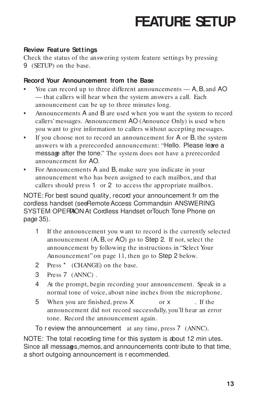 AT&T 900 MHz user manual Review Feature Settings, Record Your Announcement from the Base 