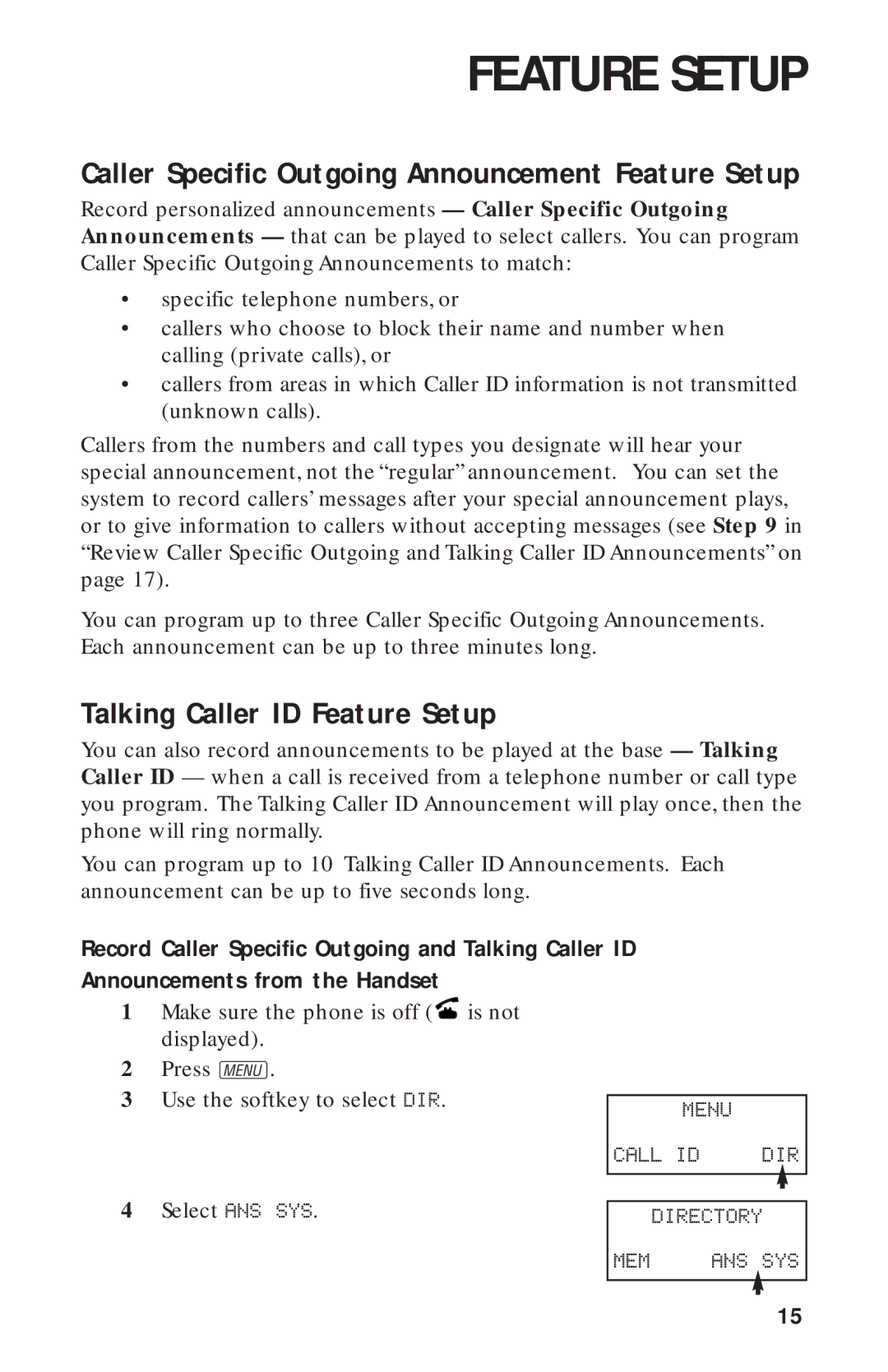 AT&T 900 MHz user manual Talking Caller ID Feature Setup, Caller Specific Outgoing Announcement Feature Setup 