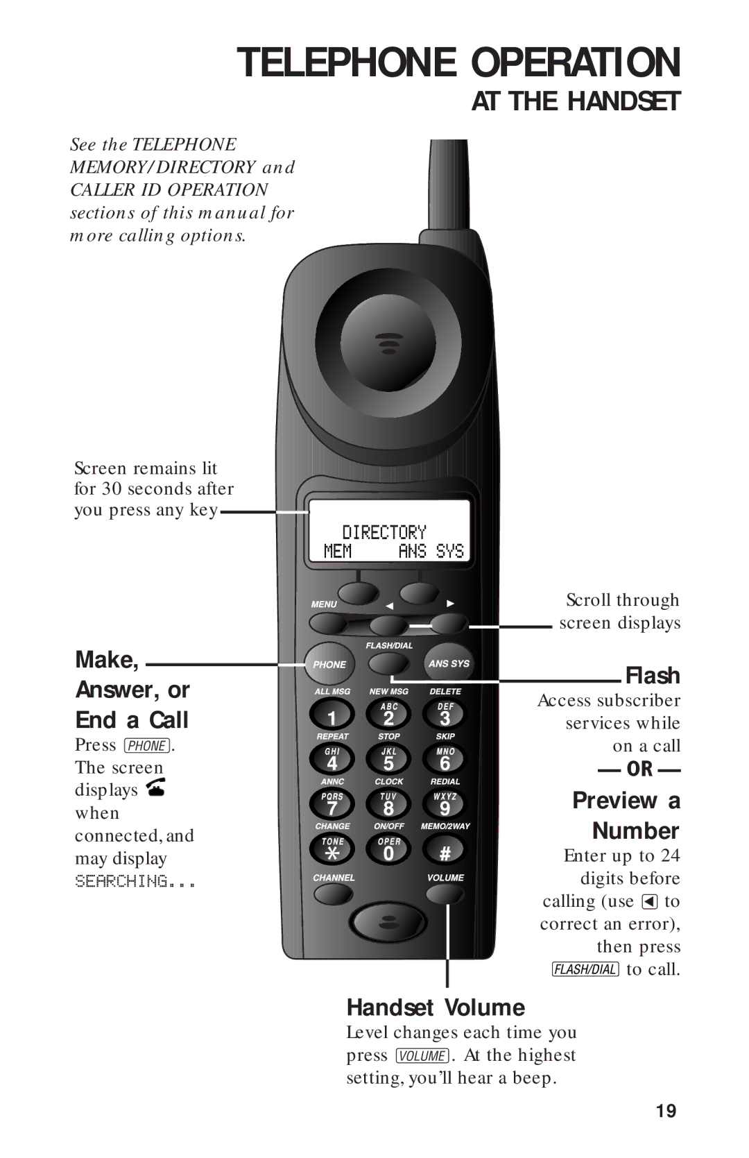 AT&T 900 MHz user manual Make Answer, or End a Call, Flash, Preview a, Number, Handset Volume 