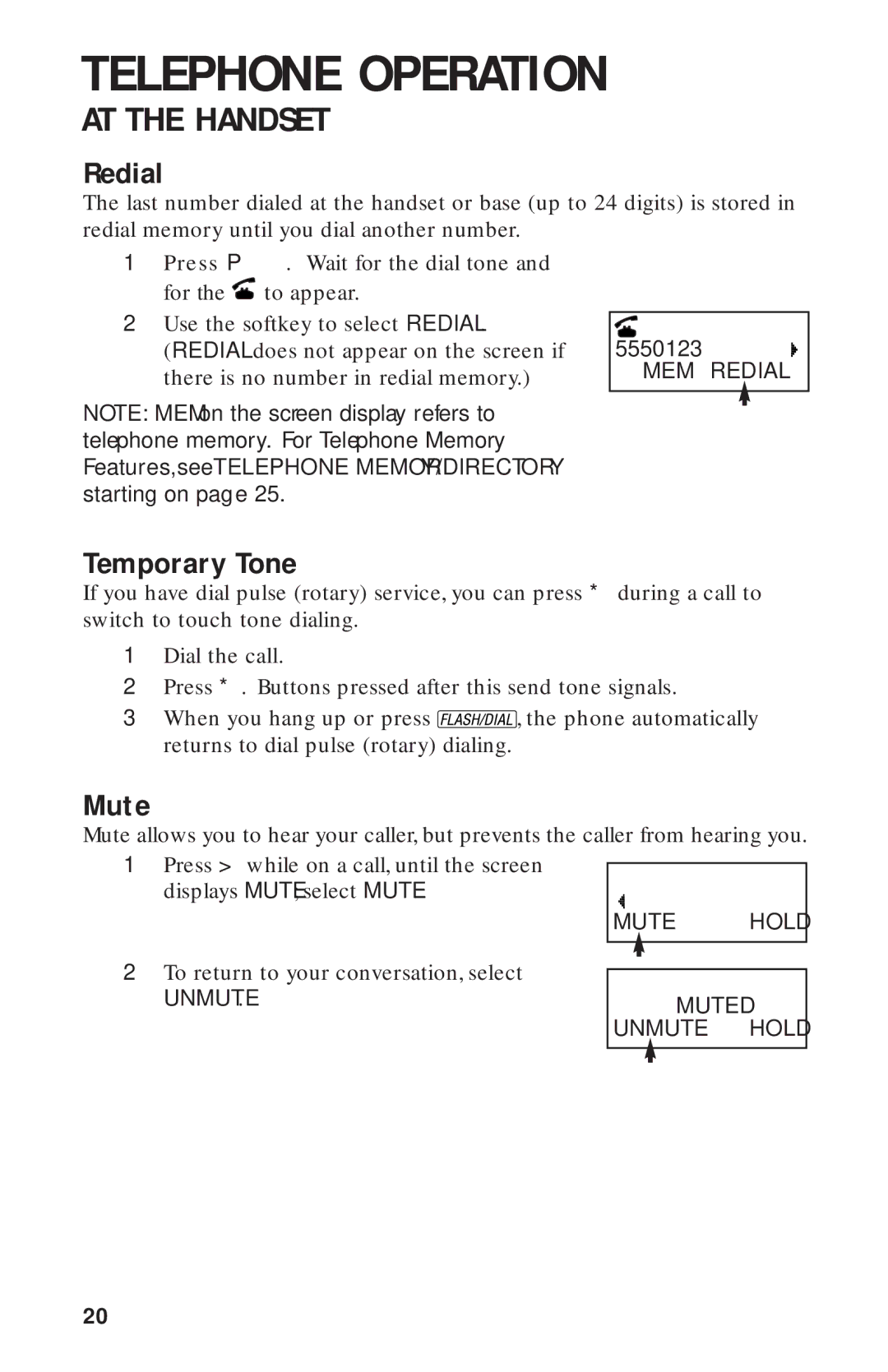 AT&T 900 MHz user manual Telephone Operation, Redial, Temporary Tone, Mute 