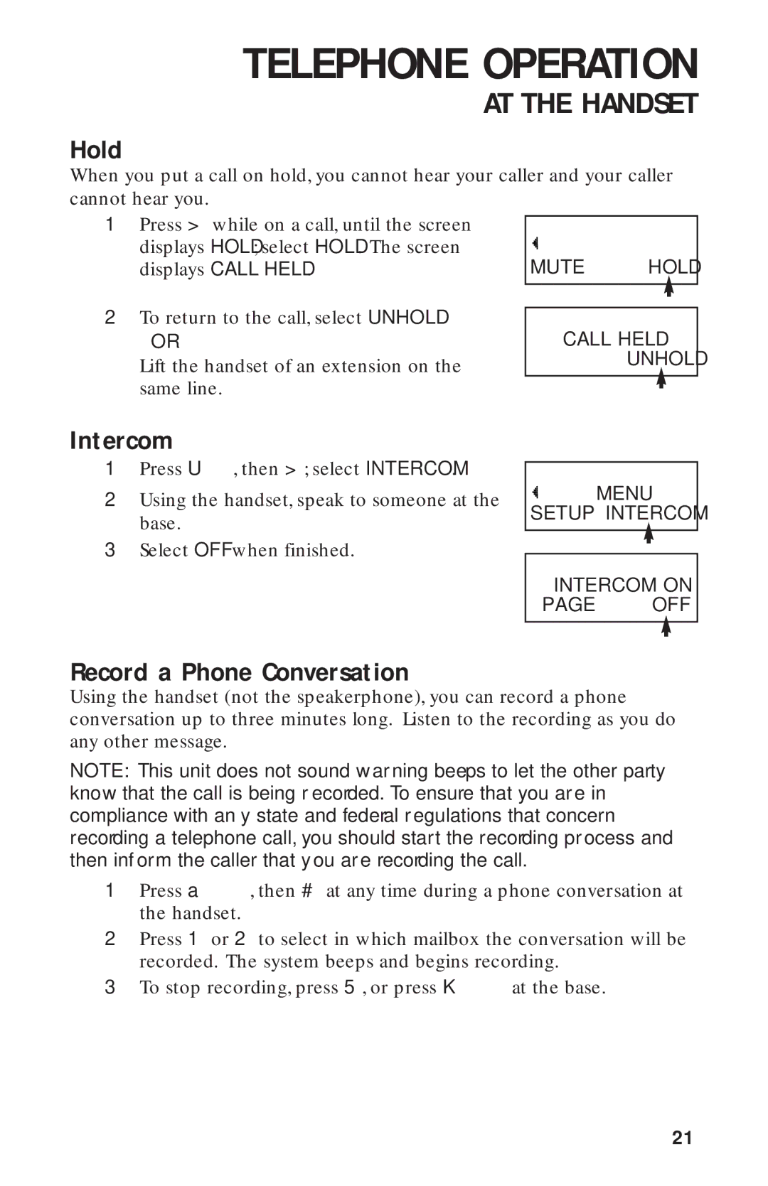 AT&T 900 MHz user manual Hold, Intercom, Record a Phone Conversation 