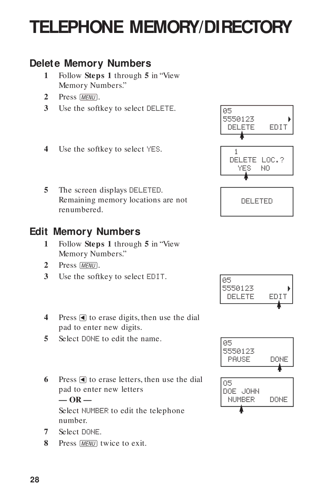 AT&T 900 MHz user manual Delete Memory Numbers, Edit Memory Numbers 