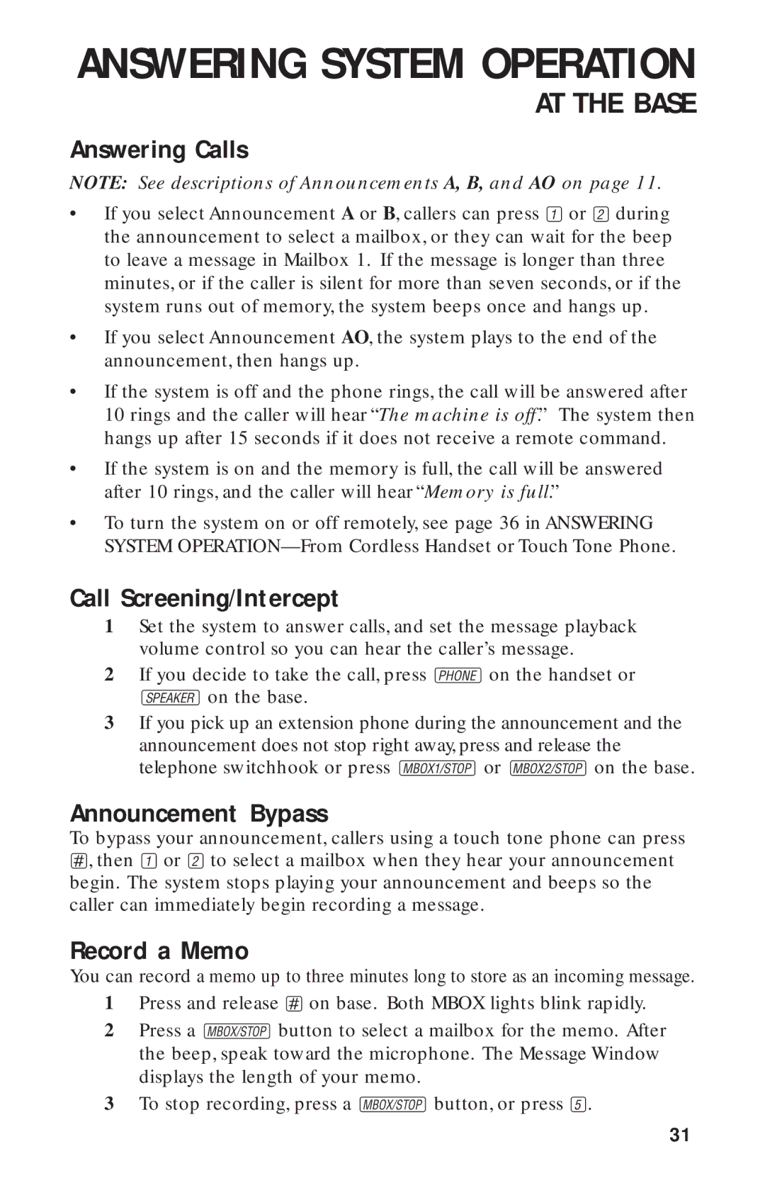 AT&T 900 MHz user manual Answering Calls, Call Screening/Intercept, Announcement Bypass, Record a Memo 