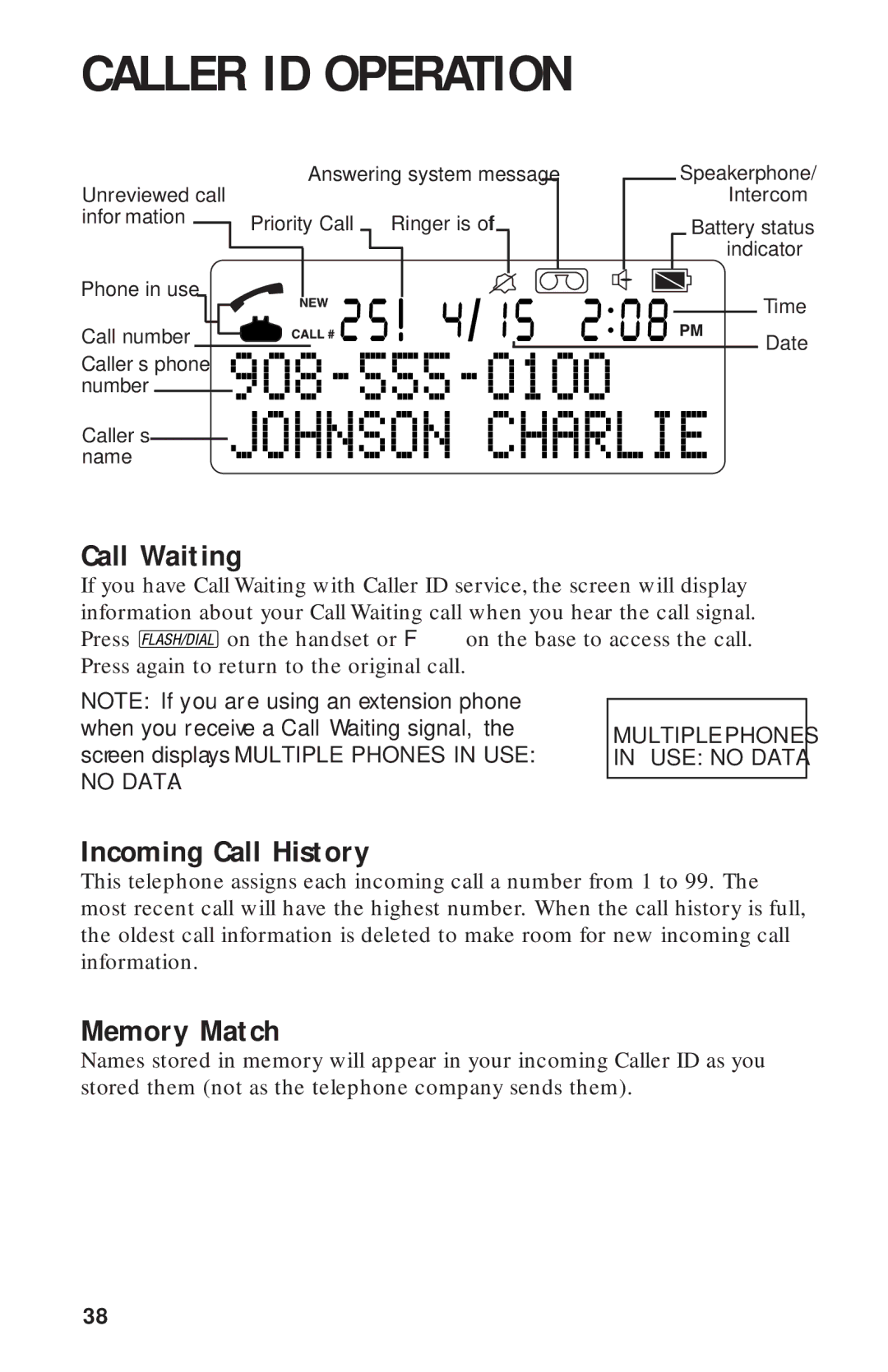 AT&T 900 MHz user manual Call Waiting, Incoming Call History, Memory Match 