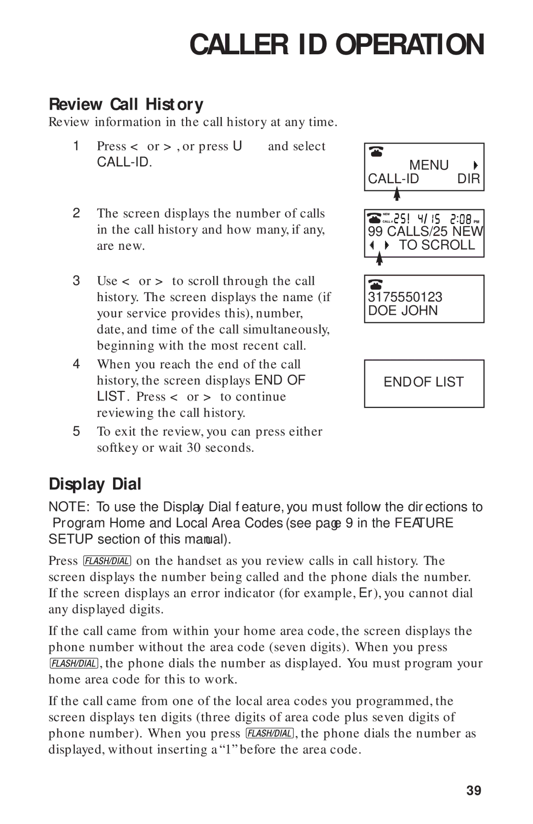 AT&T 900 MHz user manual Review Call History, Display Dial 