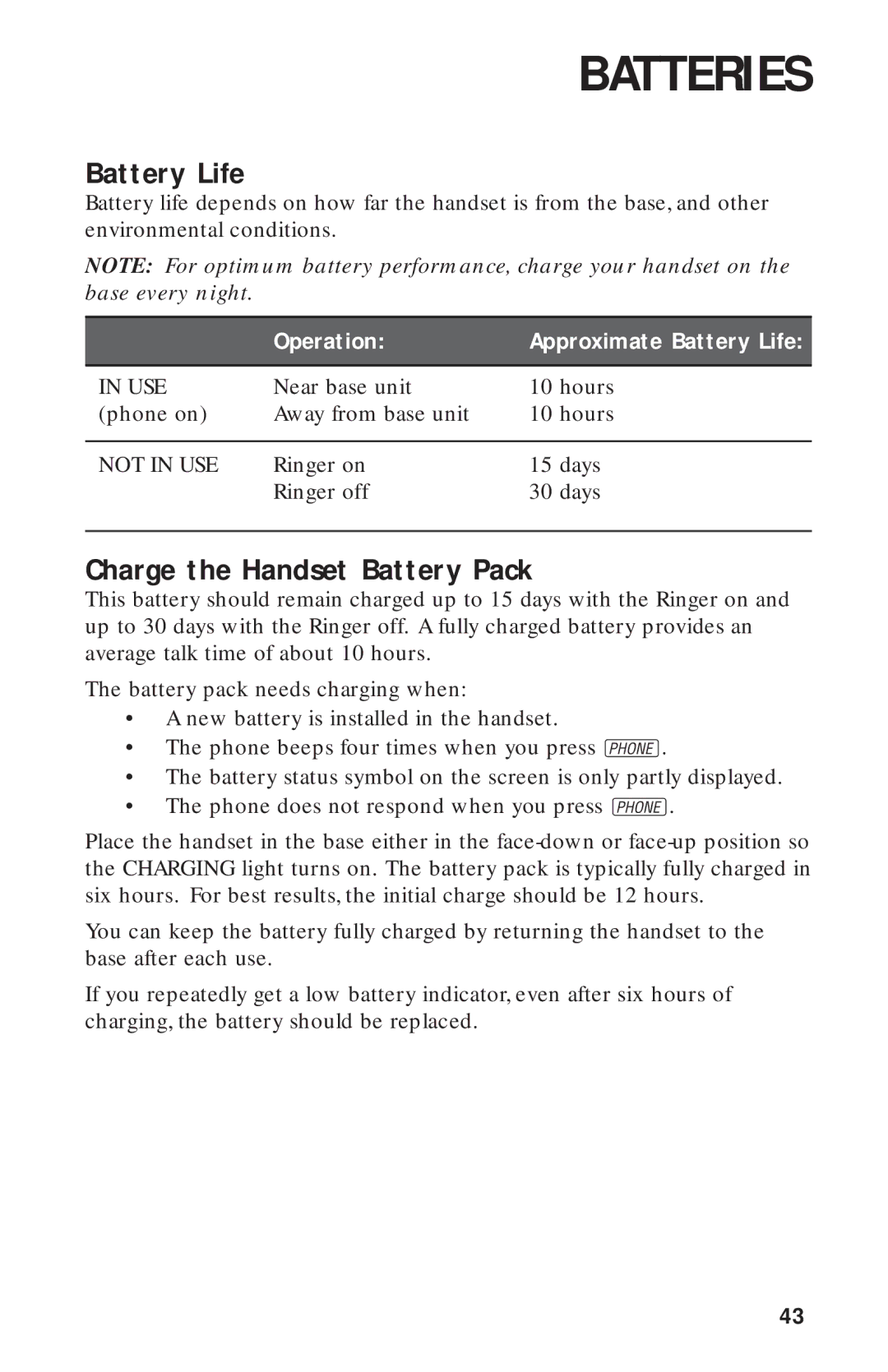 AT&T 900 MHz user manual Batteries, Battery Life, Charge the Handset Battery Pack 