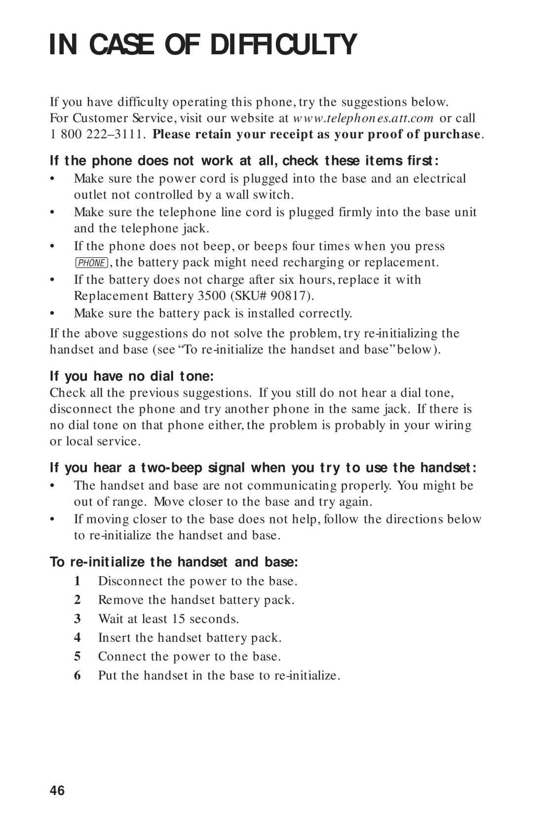 AT&T 900 MHz Case of Difficulty, If the phone does not work at all, check these items first, If you have no dial tone 