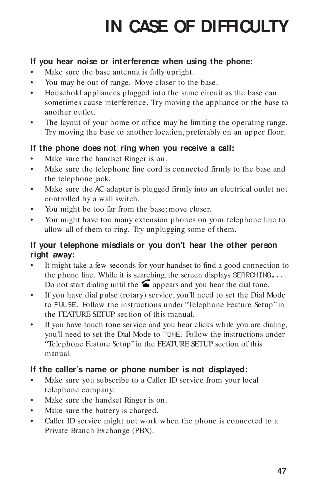 AT&T 900 MHz If you hear noise or interference when using the phone, If the phone does not ring when you receive a call 