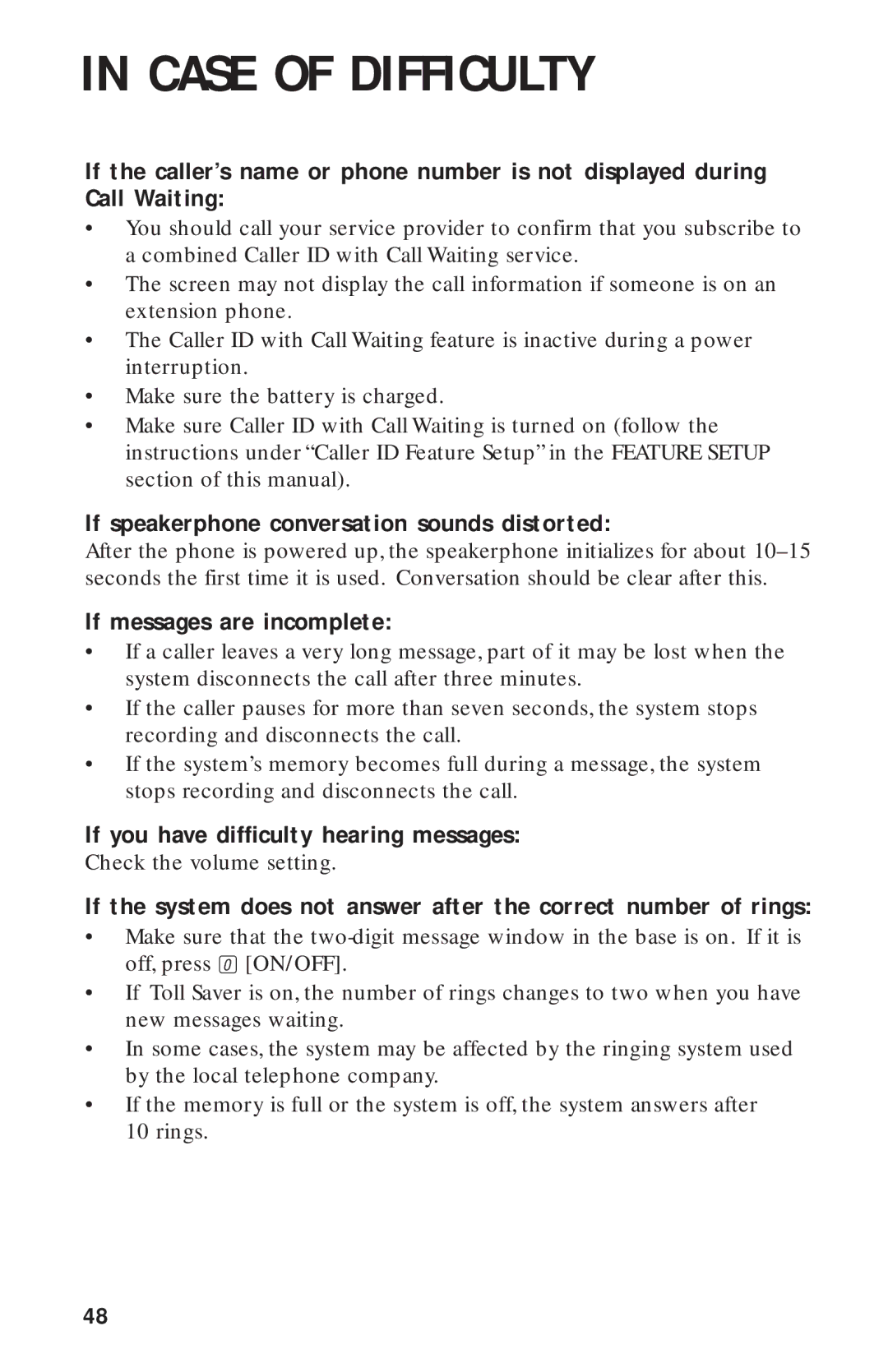 AT&T 900 MHz user manual If speakerphone conversation sounds distorted, If messages are incomplete 