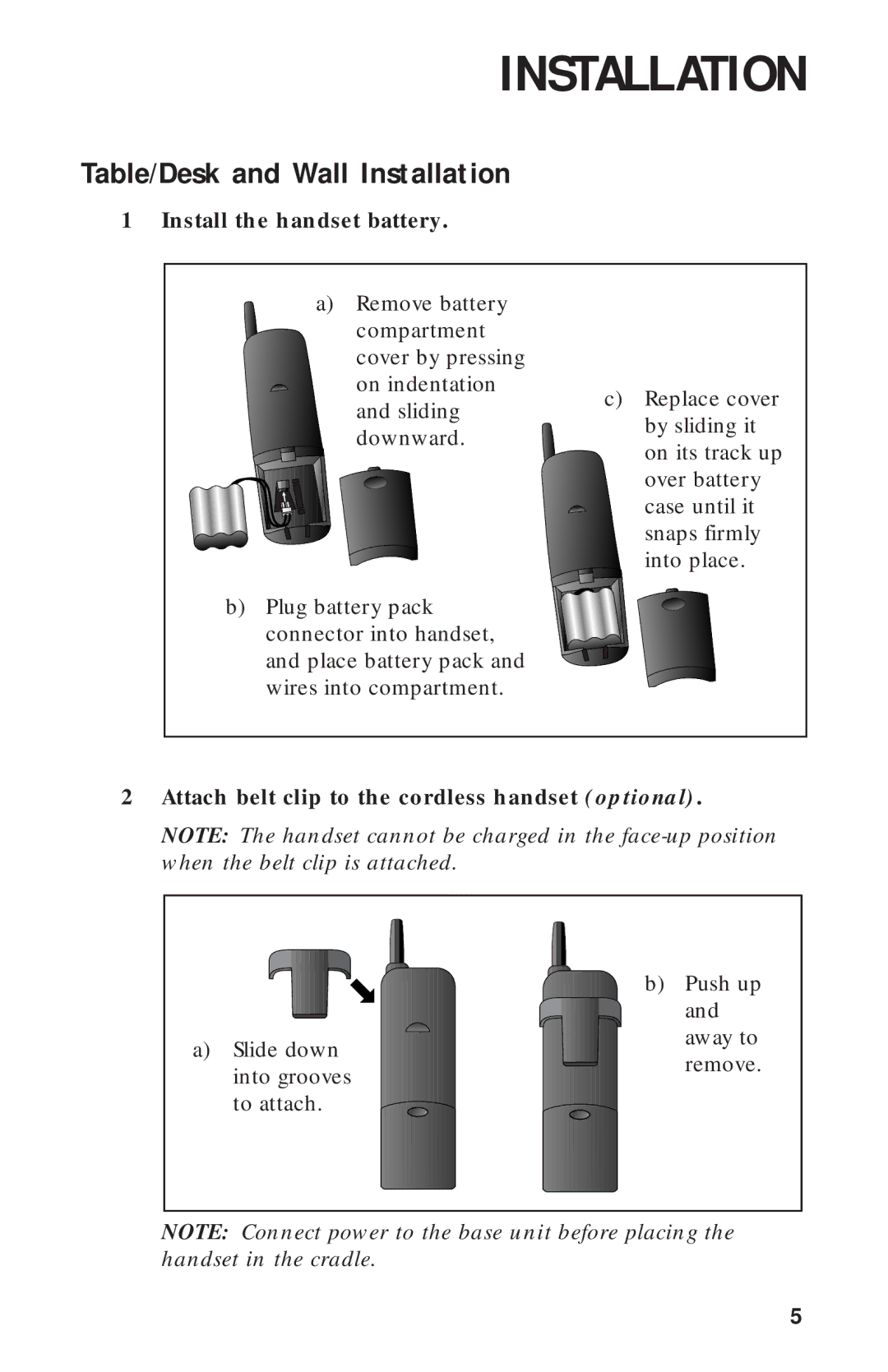 AT&T 900 MHz user manual Table/Desk and Wall Installation, Install the handset battery 