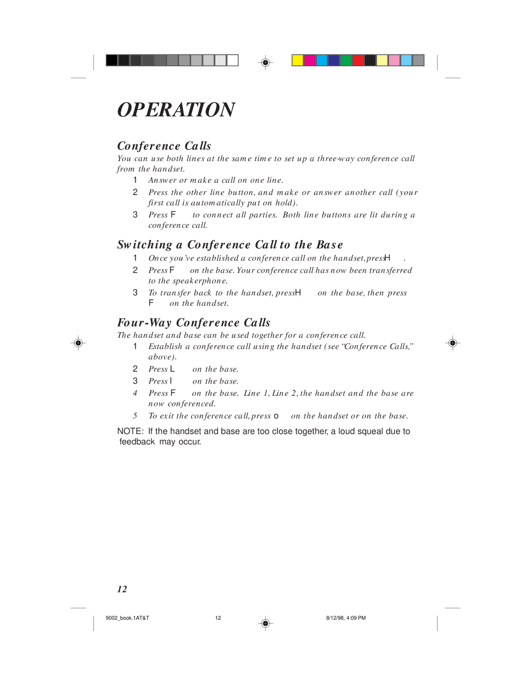 AT&T 9002 user manual Switching a Conference Call to the Base, Four-Way Conference Calls 