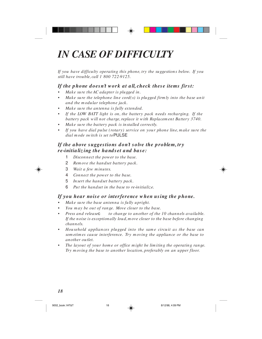 AT&T 9002 user manual Case of Difficulty, If the phone doesn’t work at all, check these items first 