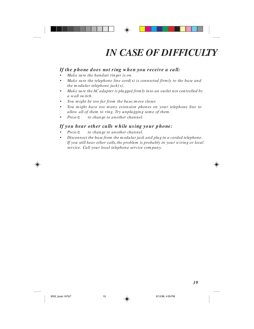 AT&T 9002 user manual If the phone does not ring when you receive a call, If you hear other calls while using your phone 