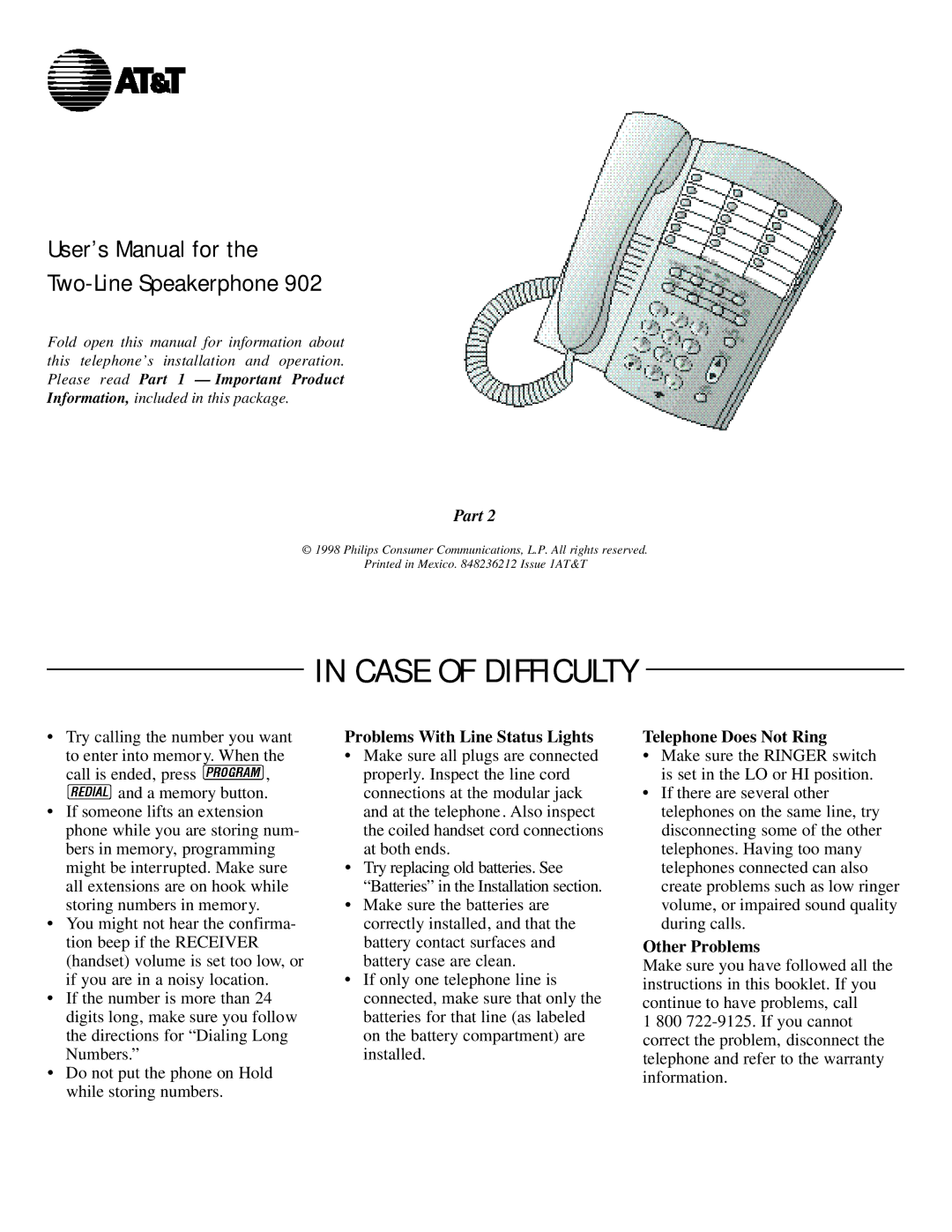 AT&T 902 user manual Case of Difficulty, Problems With Line Status Lights, Telephone Does Not Ring, Other Problems 