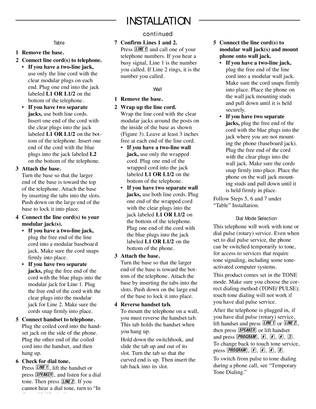 AT&T 902 user manual Confirm Lines 1, Wall, Remove the base Wrap up the line cord, Reverse handset tab, Dial Mode Selection 