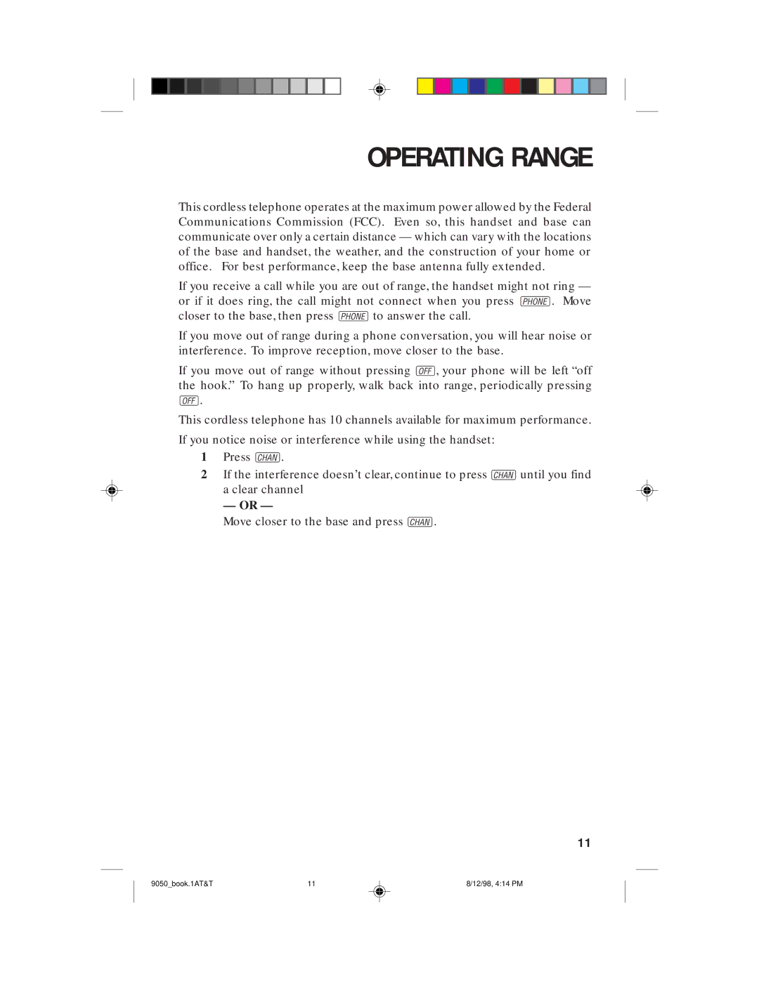 AT&T 9050 user manual Operating Range 