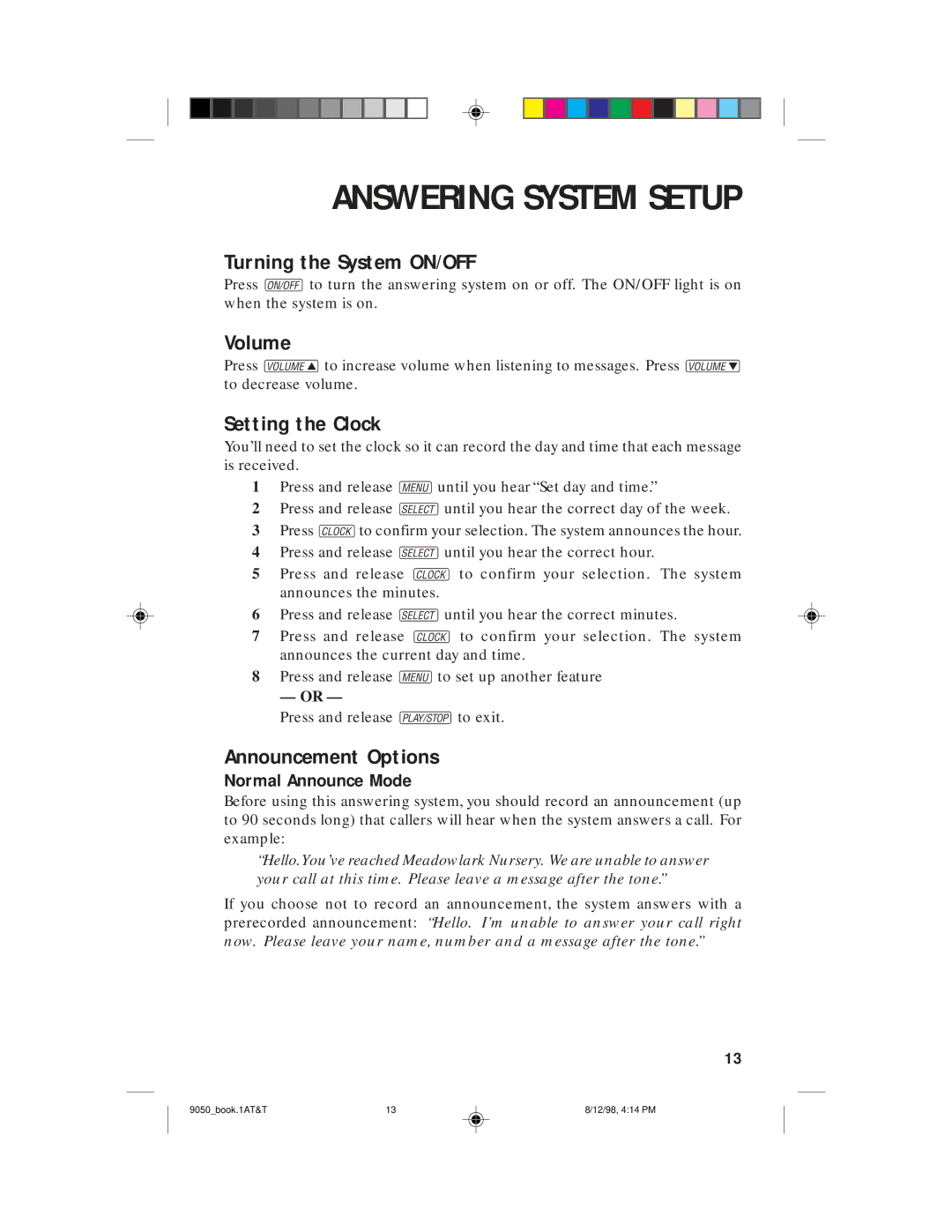 AT&T 9050 user manual Answering System Setup, Turning the System ON/OFF, Volume, Setting the Clock, Announcement Options 