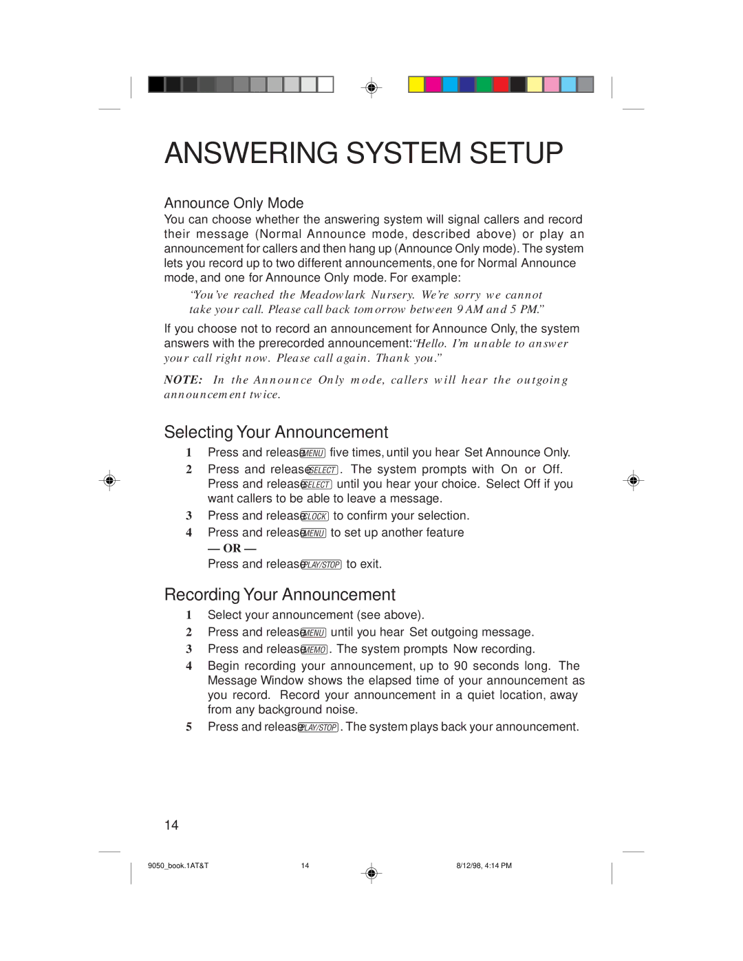 AT&T 9050 user manual Selecting Your Announcement, Recording Your Announcement, Announce Only Mode 