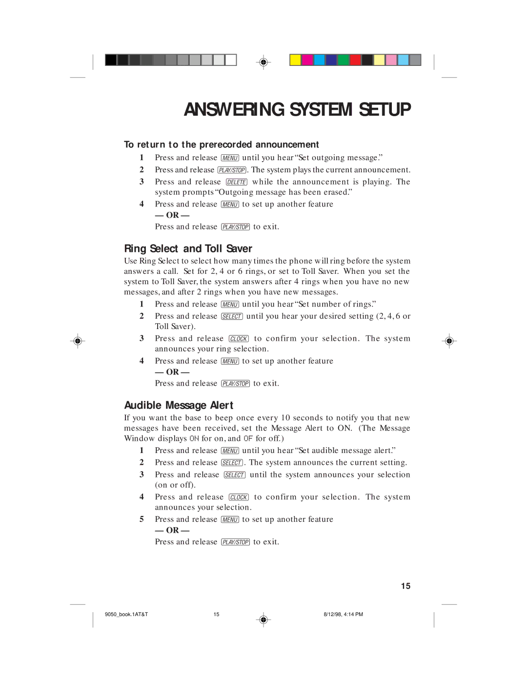 AT&T 9050 user manual Ring Select and Toll Saver, Audible Message Alert, To return to the prerecorded announcement 