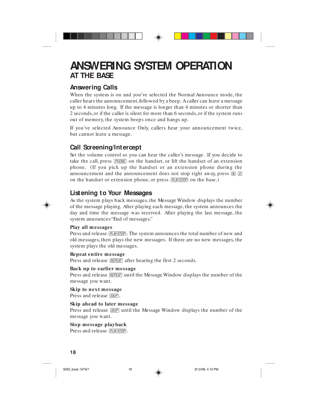 AT&T 9050 user manual Answering Calls, Call Screening/Intercept, Listening to Your Messages 