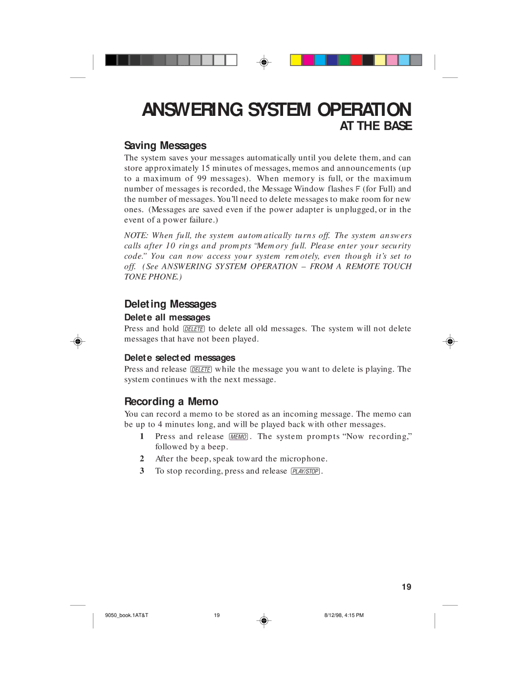 AT&T 9050 user manual Saving Messages, Deleting Messages, Recording a Memo, Delete all messages, Delete selected messages 