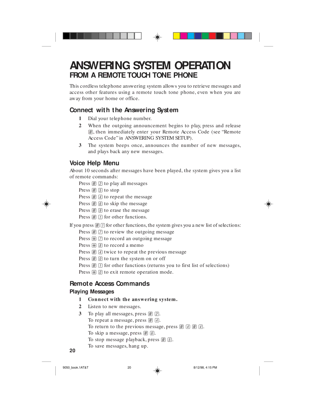 AT&T 9050 user manual Connect with the Answering System, Voice Help Menu, Remote Access Commands, Playing Messages 