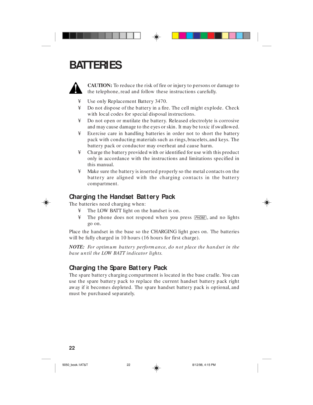 AT&T 9050 user manual Batteries, Charging the Handset Battery Pack, Charging the Spare Battery Pack 