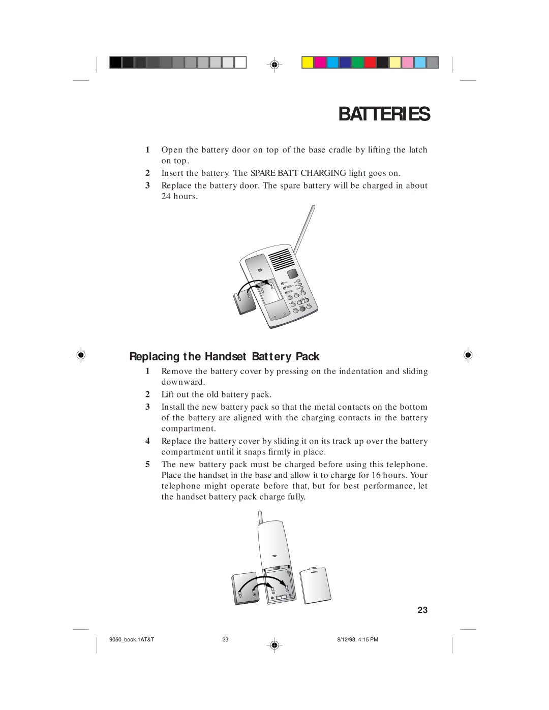 AT&T 9050 user manual Replacing the Handset Battery Pack 