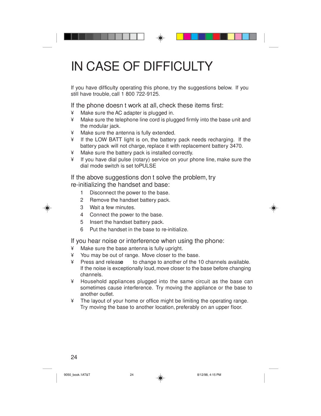 AT&T 9050 user manual Case of Difficulty, If the phone doesn’t work at all, check these items first 