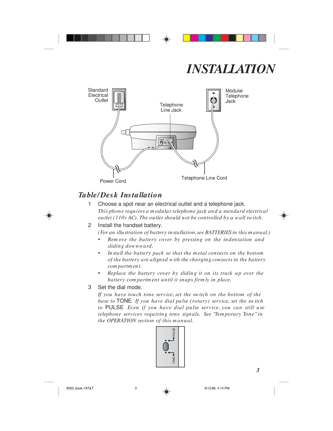 AT&T 9050 user manual Table/Desk Installation, Set the dial mode 