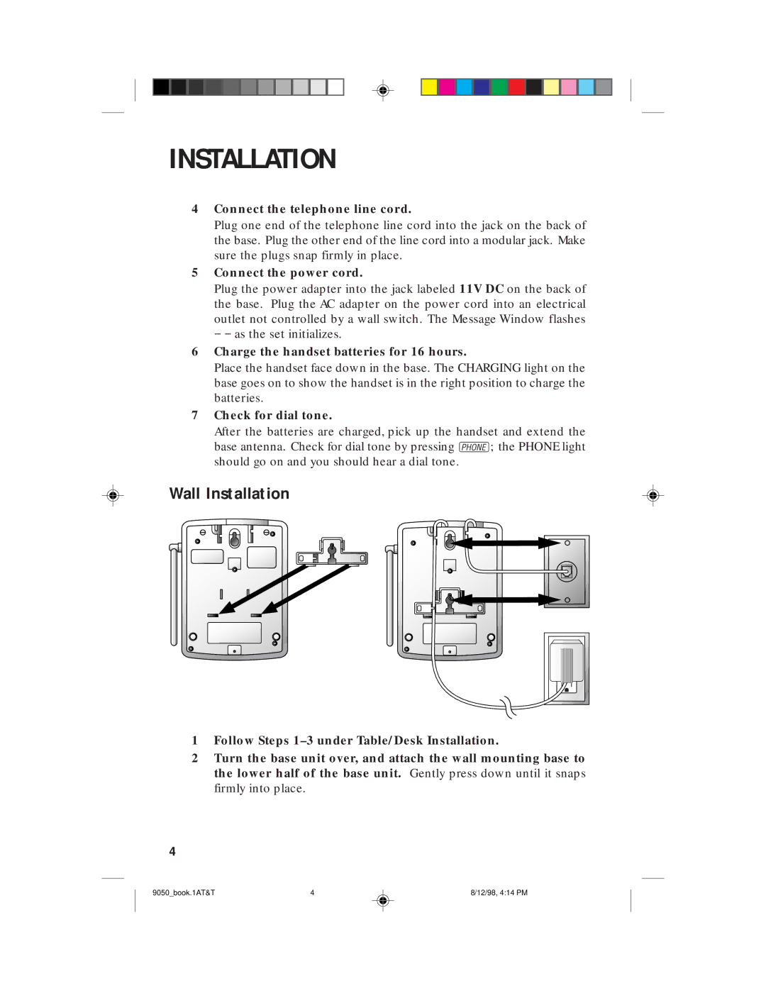 AT&T 9050 user manual Wall Installation, Connect the telephone line cord, Connect the power cord, Check for dial tone 