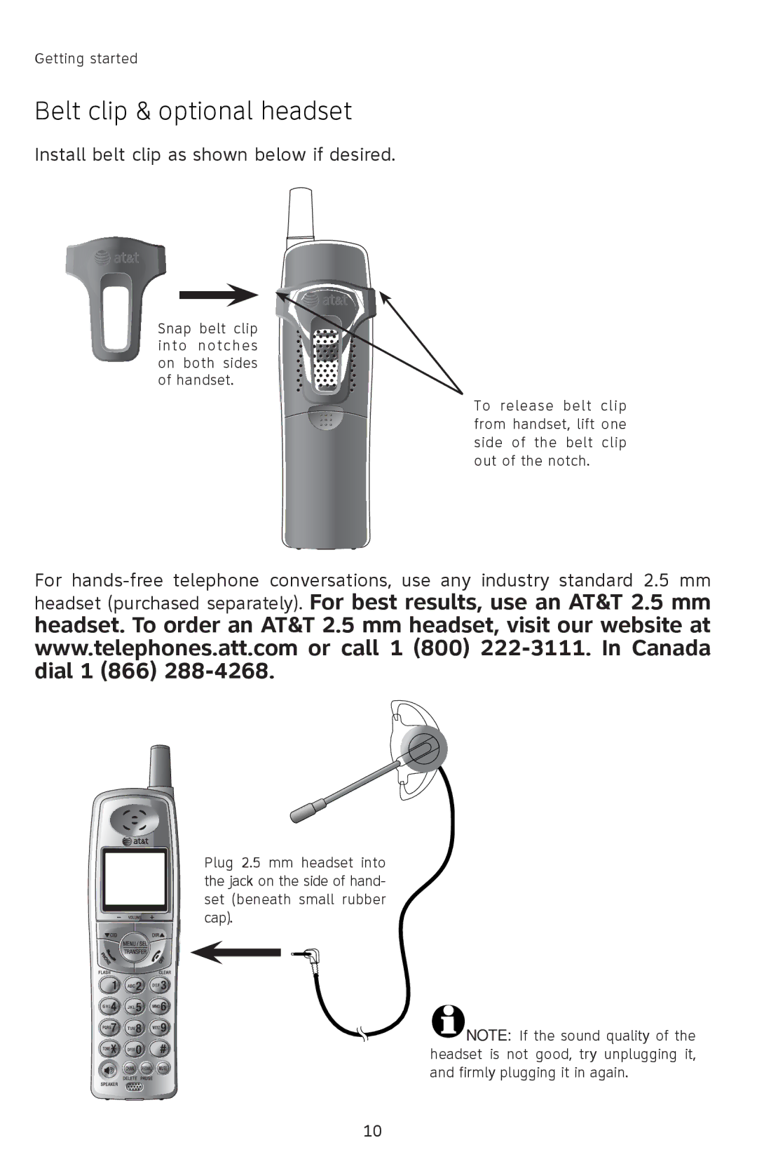 AT&T 91-001105-040-100 user manual Belt clip & optional headset, Install belt clip as shown below if desired 